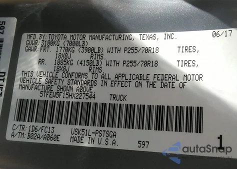 2017 Toyota Tundra Sr5 5.7L V8 из США, поврежденный, VIN 5TFEW5F15HX227544